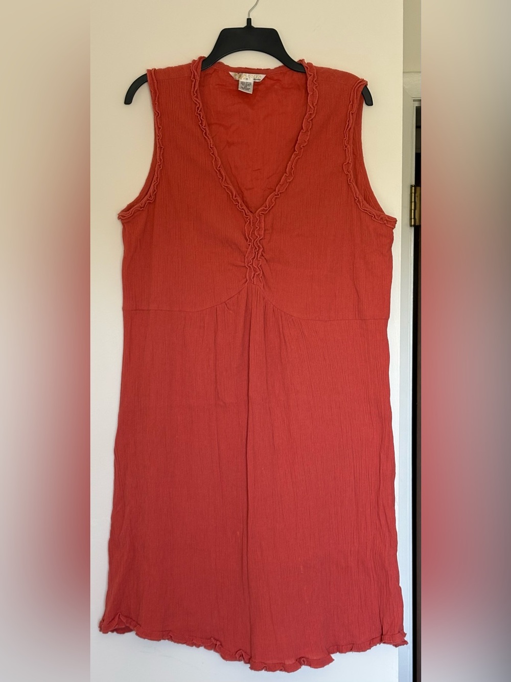 Vasna Cotton Lagenlook Crinkle Dress Ruffle V-Neck Coral/Orange Coastal Boho
